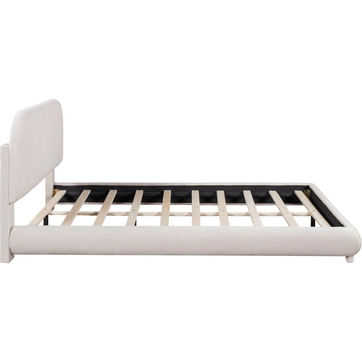 Teddy Fleece Queen Size Upholstered Platform Bed with Thick Fabric, Solid Frame and Stylish Curve-shaped Design, Beige