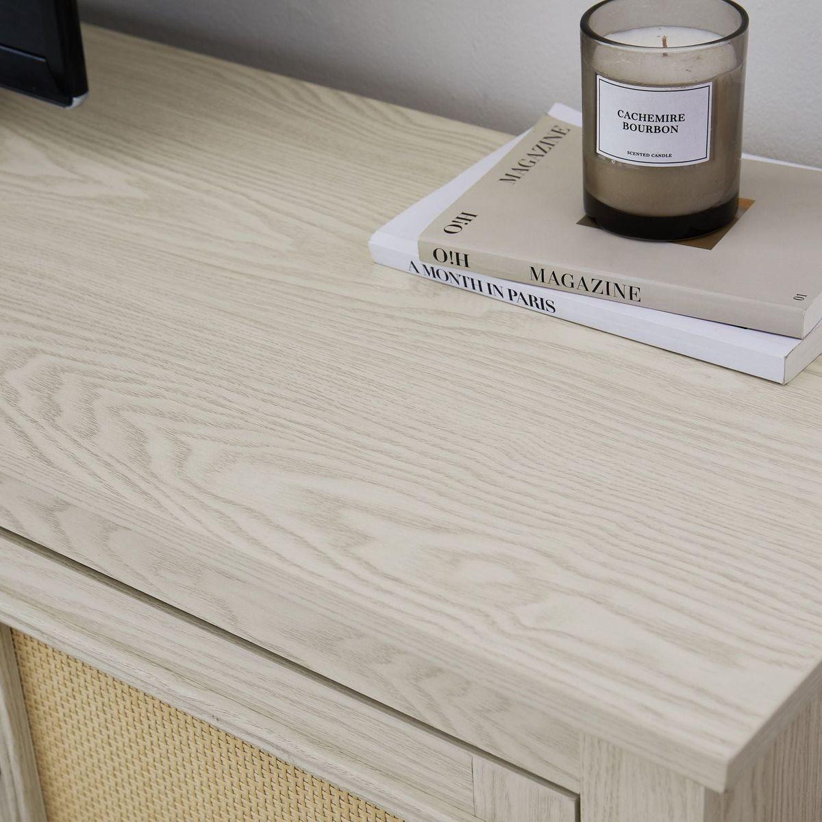 Farmhouse Rattan TV Stand Console Table for TVs up to 70 Inches, TV Console Table with 2 Storage Shelves, 2 Natural Rattan Door Cabinets,65"Wx15.55"Dx23.86"H, White