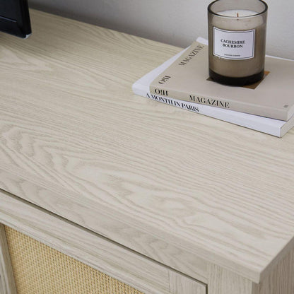 Farmhouse Rattan TV Stand Console Table for TVs up to 70 Inches, TV Console Table with 2 Storage Shelves, 2 Natural Rattan Door Cabinets,65"Wx15.55"Dx23.86"H, White