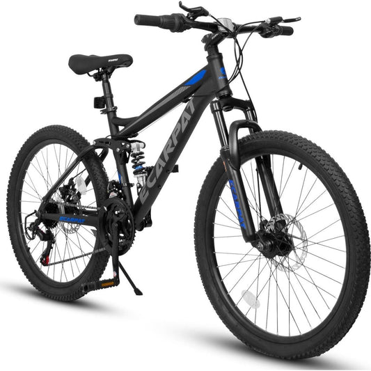 A2460 Mountain Bike 24 Inch Wheels, 21-Speed Full Suspension Mens Womens Trail Commuter City Mountain Bike, High Carbon Steel Frame Disc Brakes Grip Shifter Front Fork Rear Shock Absorber Bicycles