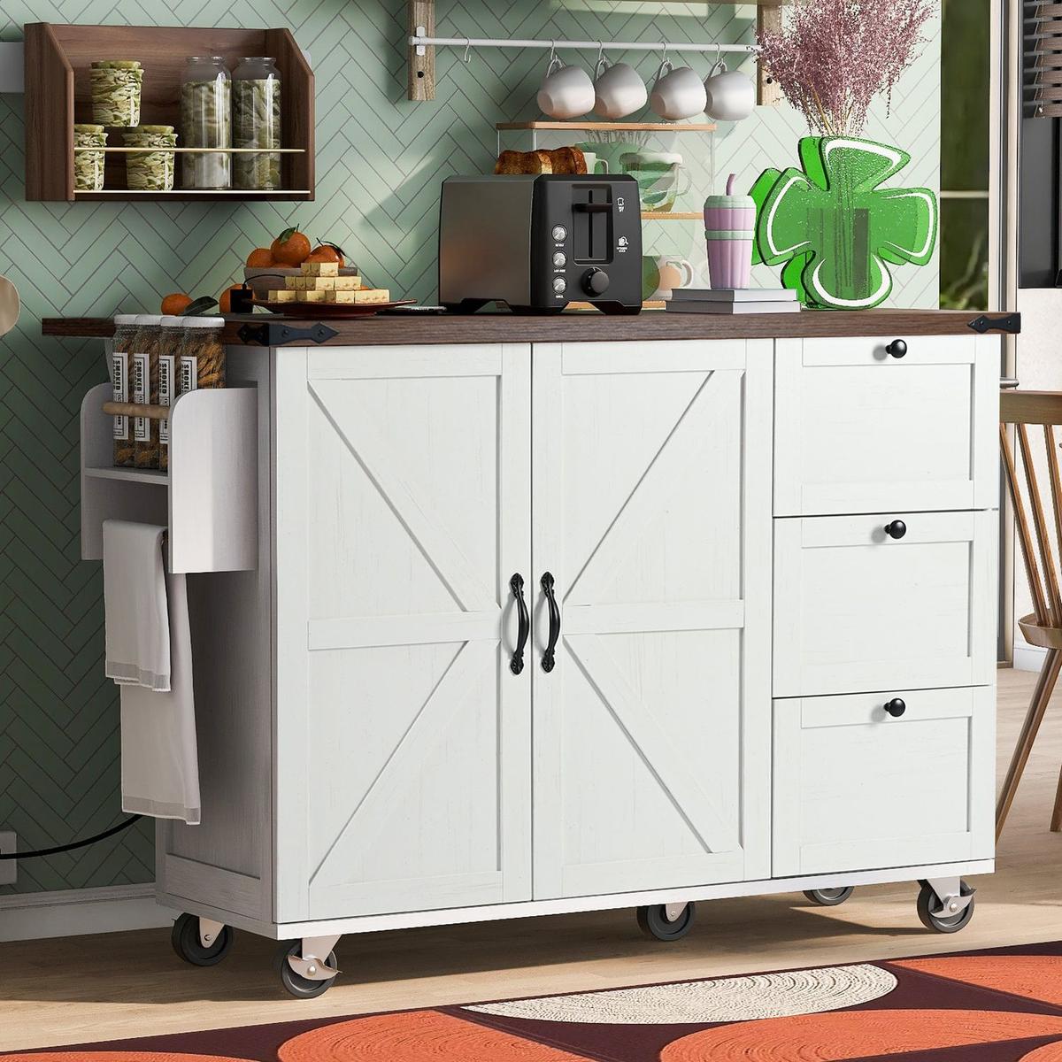 54.5" Farmhouse Kitchen Island with Power Outlet, Kitchen Storage Island with Internal Storage Rack, Drop Leaf, Spice Rack, Rolling Kitchen Cart on Wheels, for Home, Kitchen and Dining Room,White