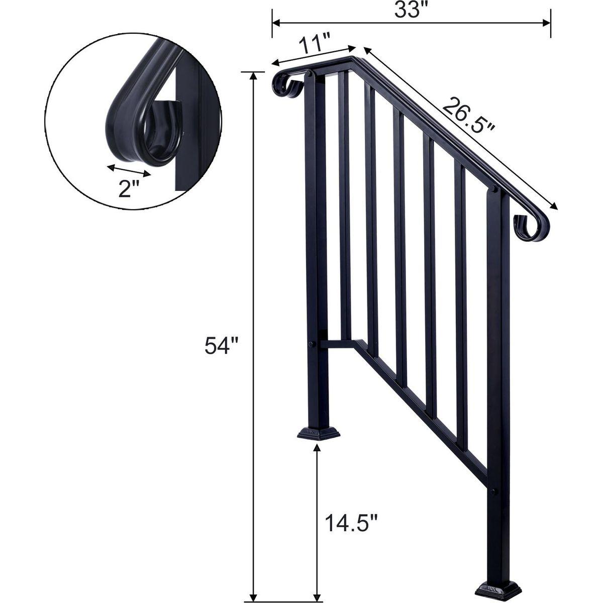 Handrails for Outdoor Steps, Fit 2 or 3 Steps Outdoor Stair Railing, Picket#2 Wrought Iron Handrail, Flexible Porch Railing, Black Transitional Handrails for Concrete Steps or Wooden Stairs