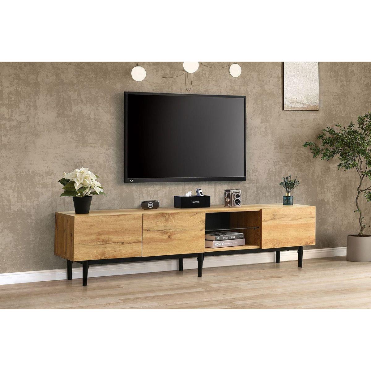 Modern TV Stand with 4 Cabinets& Open Shelves, Color-matching Media Console Table for TVs up to 80" with LED Light, Entertainment Center with Drop Down Door for Living Room, Bedroom, Home Theatre