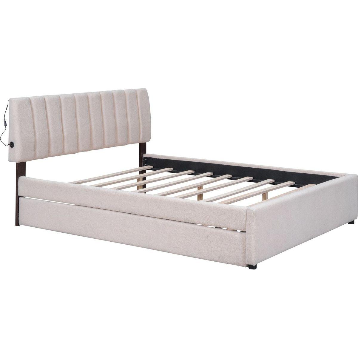 Teddy Fleece Queen Size Upholstered Platform Bed with Trundle, Beige