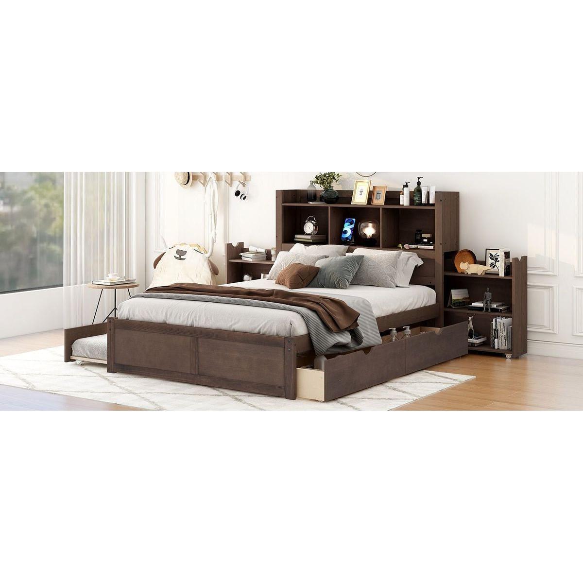 Full Size Storage Platform Bed with Pull Out Shelves, Twin Size Trundle and 2 Drawers, Espresso