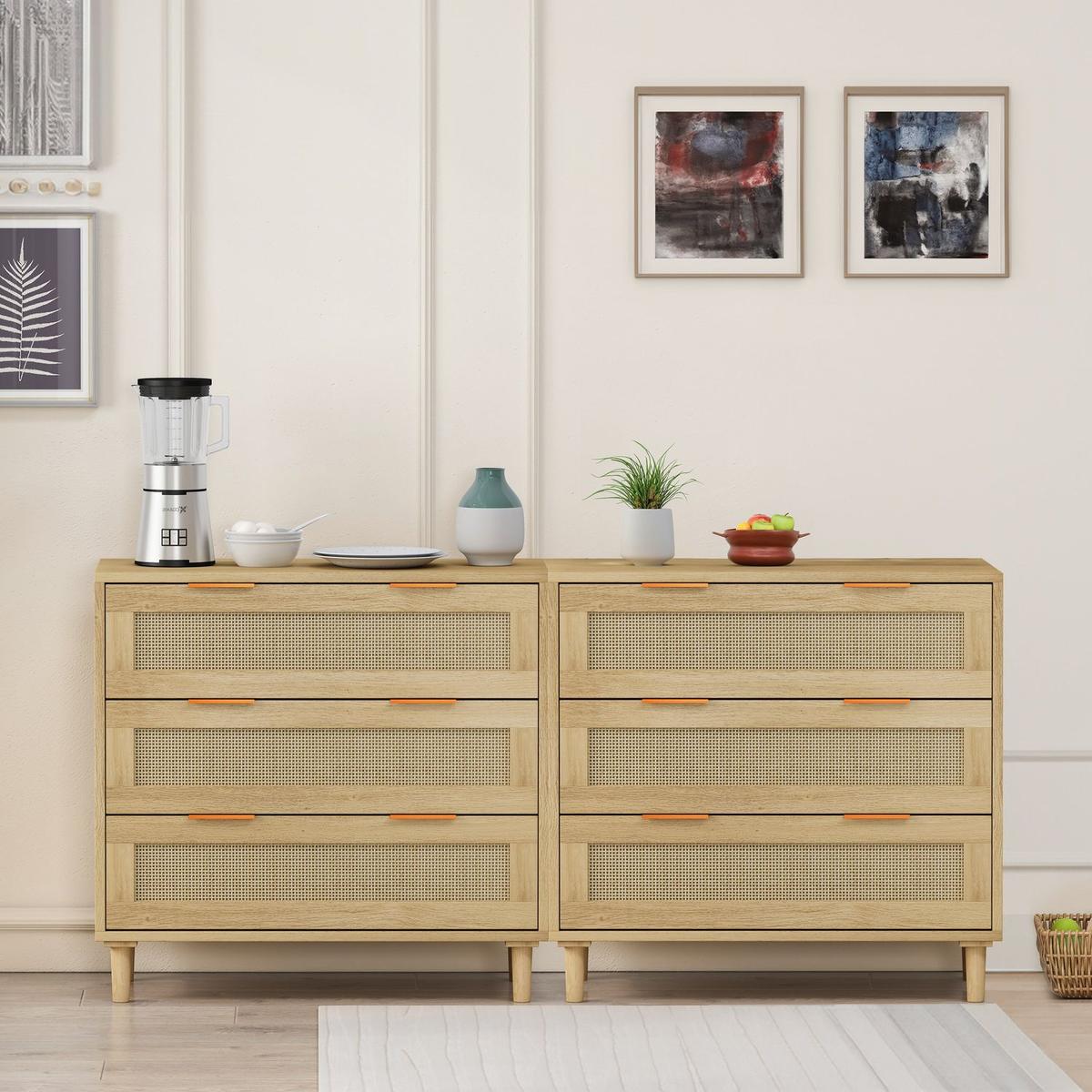 3-Drawers Rattan Storage Cabinet Rattan Drawer (Set of 2),for Bedroom,Living Room,Dining Room,Hallways,Oak