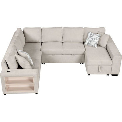 109" U-shaped Sectional Sofa Pull-out Sofa Bed with Two USB Ports, a Storage Chaise Lounge and Four Back Pillows for Living Room, Beige
