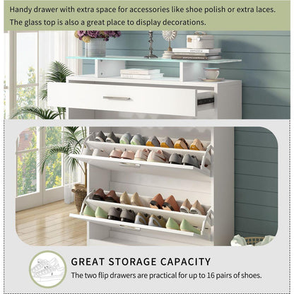 Slim Entryway Organizer with 2 Flip Drawers, Tempered Glass Top Shoe Storage Cabinet with Drawer, Free Standing Shoe Rack with LED Light for Hallway, White