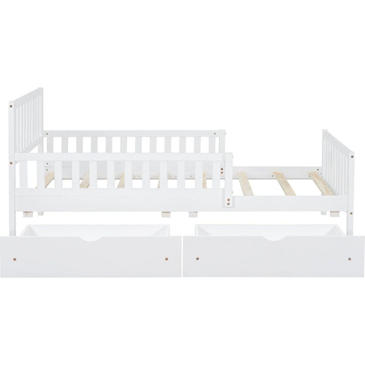 Twin Size Wood Platform Bed with Guardrails on Both Sides and Two Storage Drawers, White