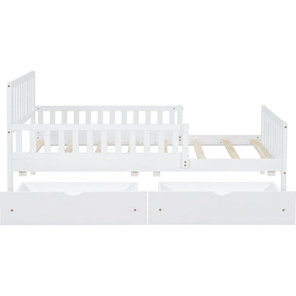 Twin Size Wood Platform Bed with Guardrails on Both Sides and Two Storage Drawers, White