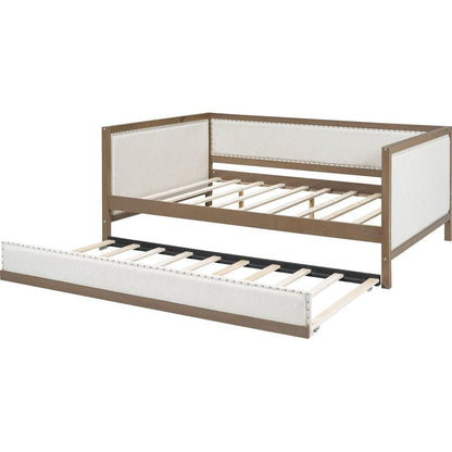 Full Size Upholstered Daybed with Trundle and Nailhead Decoration, Wood Color