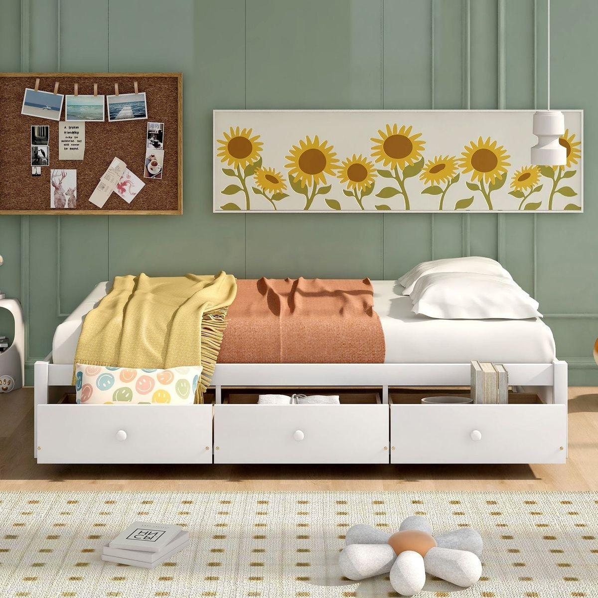 Twin Size Platform Storage Bed with 3 Drawers,White