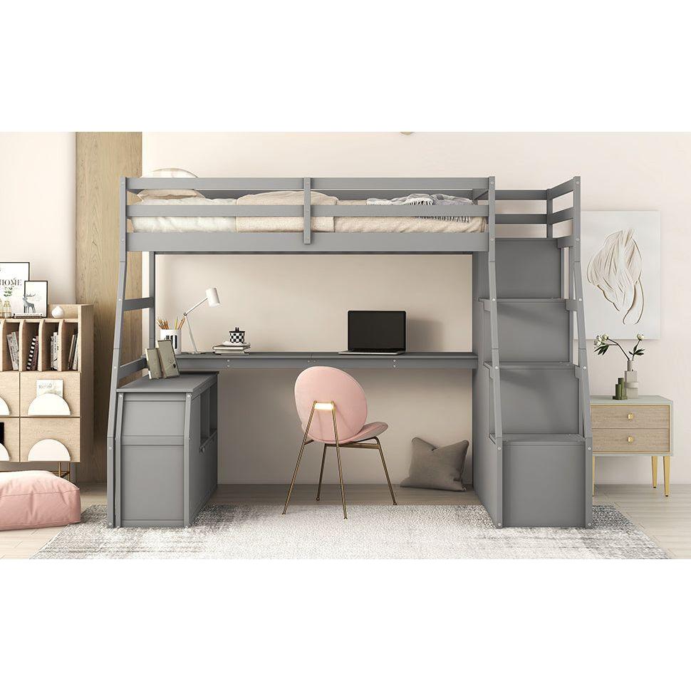 Twin Size Loft Bed with 7 Drawers 2 Shelves and Desk - Gray