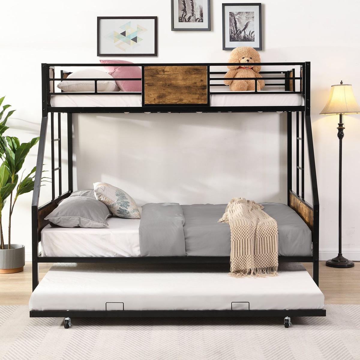 Twin Over FULL Metal Bunk Bed with Trundle 2 - Side Ladder and Full-Length Guardrail, No Box Spring Needed, Large Under Bed Storage, Easy Assemble, Black & Brown