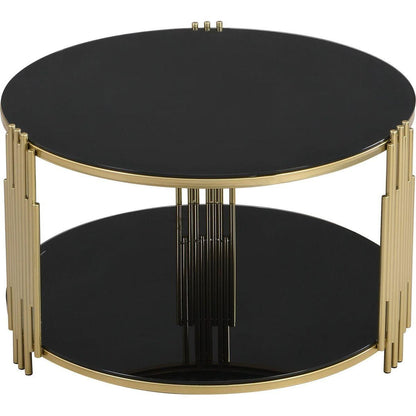 Modern Black Mirror Coffee Table, Asymmetrical Metal, Circular Metal Drum Base, Gold Finish & Lower Shelf