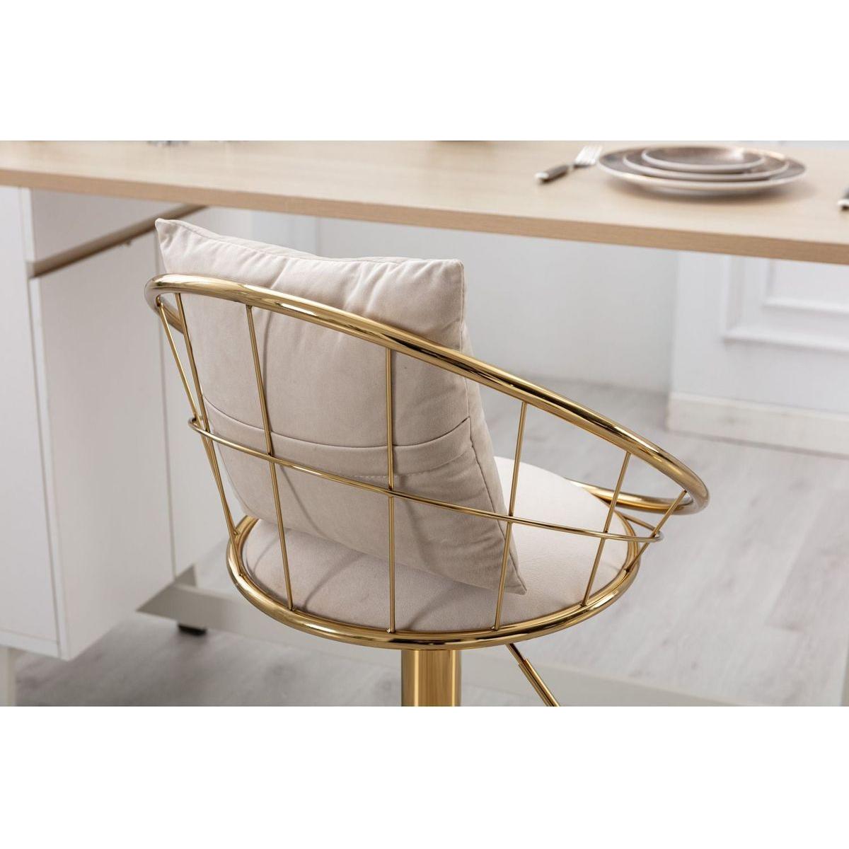 Off-White velvet bar chair, pure gold plated, unique design,360 degree rotation, adjustable height,Suitable for Dining room and bar,set of 2