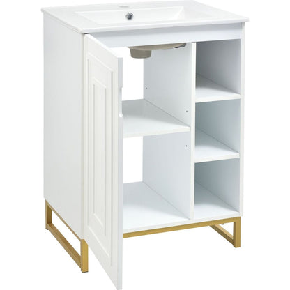 24inch White Bathroom Vanity Sink Combo for Small Space, Modern Design with Ceramic Basin, Gold Legs and Semi-open Storage(Faucet Not Included)