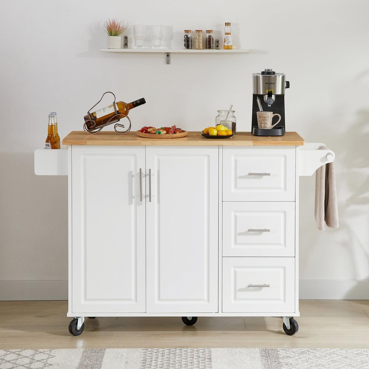 Kitchen Island with Drop Leaf Countertop, Rolling Kitchen Island Cart, Barn Door Kitchen Island Table with Storage Cabinet and Tower Rack, Island Table On Wheels for Kitchen, White
