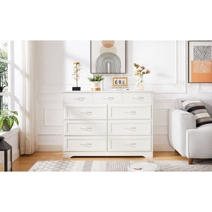 Bedroom dresser, 9 drawer long dresser with antique handles, wood chest of drawers for kids room, living room, entry and hallway, White, 47.56"W x 15.75"D x 34.45"H.
