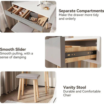 Vanity Table Set with Adjustable Brightness Mirror and Cushioned Stool, Dressing Table Vanity Makeup Table with Free Make-up Organizer