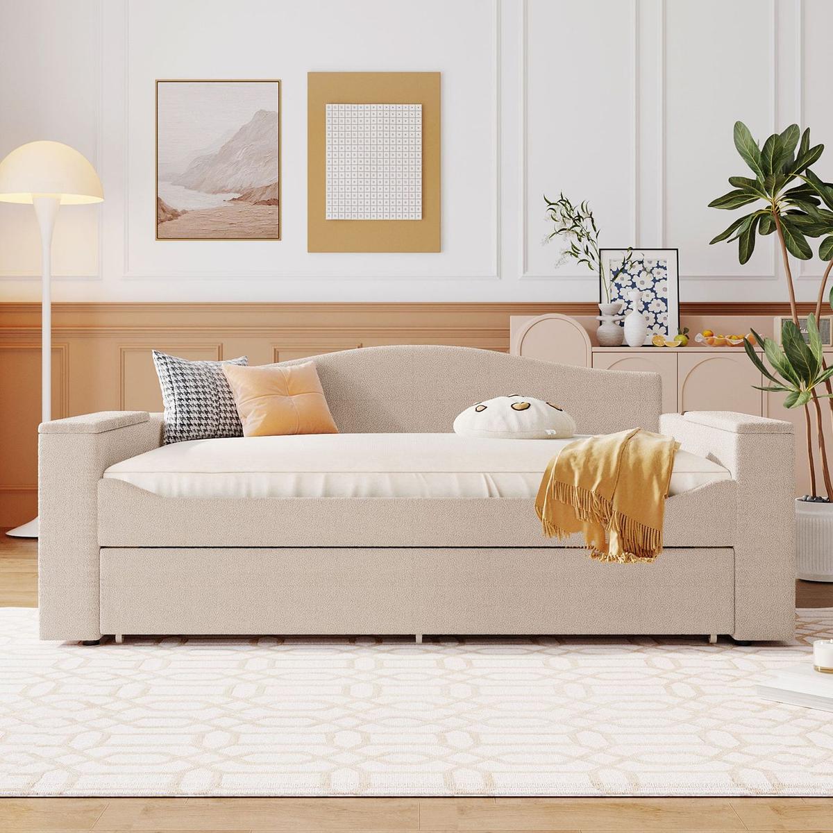 Full Size Upholstered Daybed with Storage Armrests, Trundle and Latest Integrated Bluetooth Audio System, Teddy Fleece, Beige