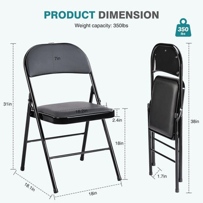 Folding Chair 2 Pack, Leather Padded Folding Chairs, Sturdy Metal Foldable Chairs, for Home, Office, Party, Black 2 Pack