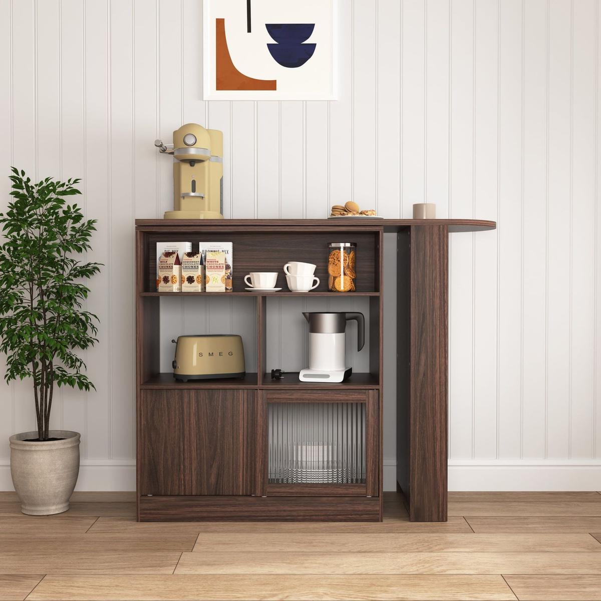 Modern Bar Cabinet with Rotating top, Counter Height Dining Cabinet with 6 Storage space and 2 Ribbed Glass Door for Kitchen, The Rotating Top with 3 Storage Shelves Dining Room, Living Room, Walnut