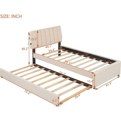 Teddy Fleece Twin Size Upholstered Platform Bed with Trundle, Beige