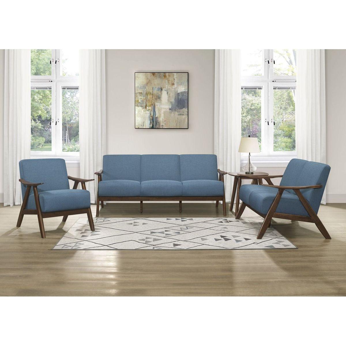 Modern Home Furniture Blue Fabric Upholstered 1pc Accent Chair Cushion Back and Seat Walnut Finish Solid Rubber Wood Furniture