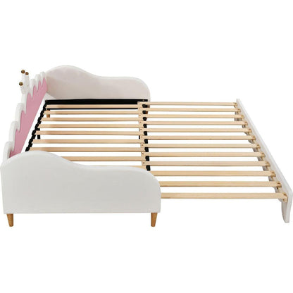 Twin Extending Daybed with LED Lights, Modern Upholstered Princess Daybed With Crown Headboard,White - Streamdale Furniture