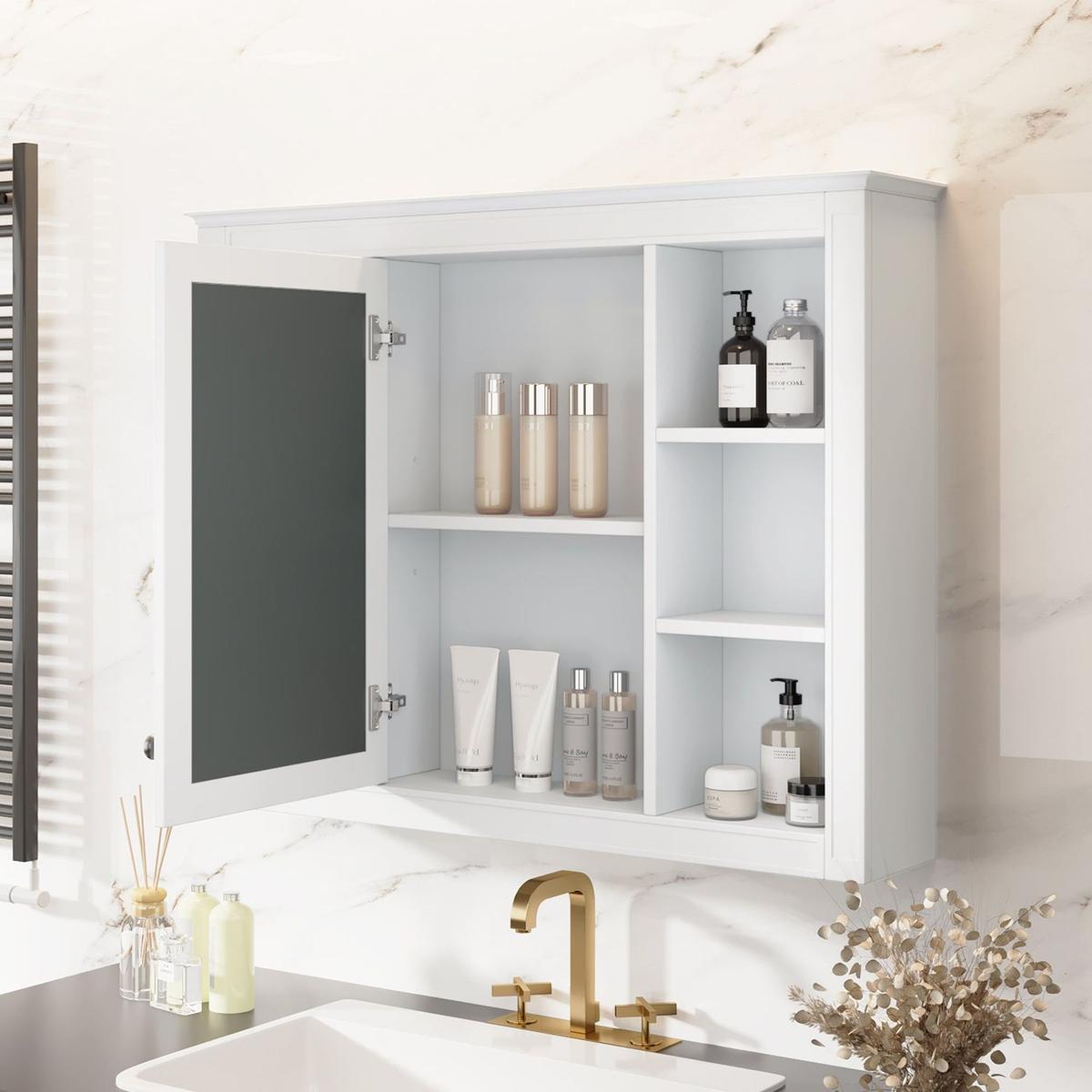 35" x 27.5" Medicine Cabinet, Wall Mounted Bathroom Storage Cabinet, Modern Bathroom Wall Cabinet with Mirror, Mirror Cabinet with 6 Open Shelves (Not Include Bathroom Vanity)