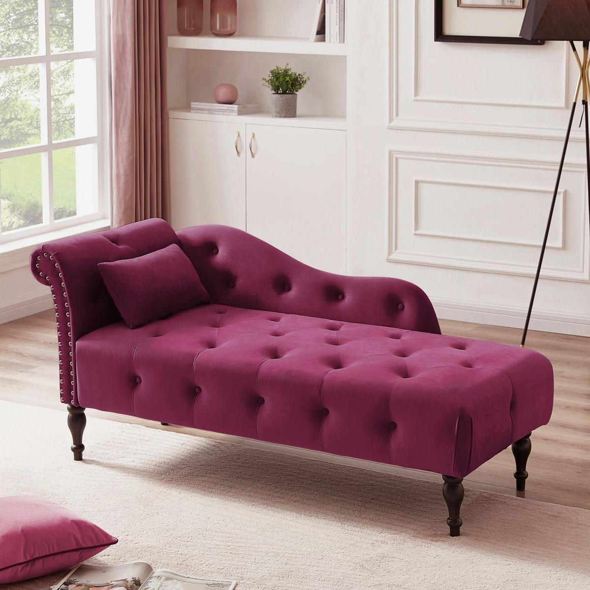 60.6" Velvet Chaise Lounge Buttons Tufted Nailhead Trimmed Solid Wood Legs with 1 Pillow,Burgundy (Left Arm Design as Shown in the Picture) - Streamdale Furniture