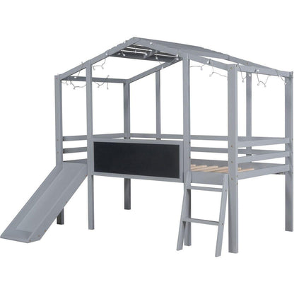 Twin Size Loft Bed with Ladder and Slide, House Bed with Blackboard and Light Strip on the Roof, Gray