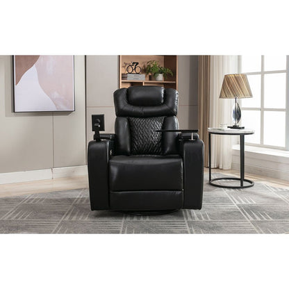 270 Degree Swivel PU Leather Power Recliner Individual Seat Home Theater Recliner with Comforable Backrest, Tray Table, Phone Holder, Cup Holder, USB Port, Hidden Arm Storage for Living Room, Black