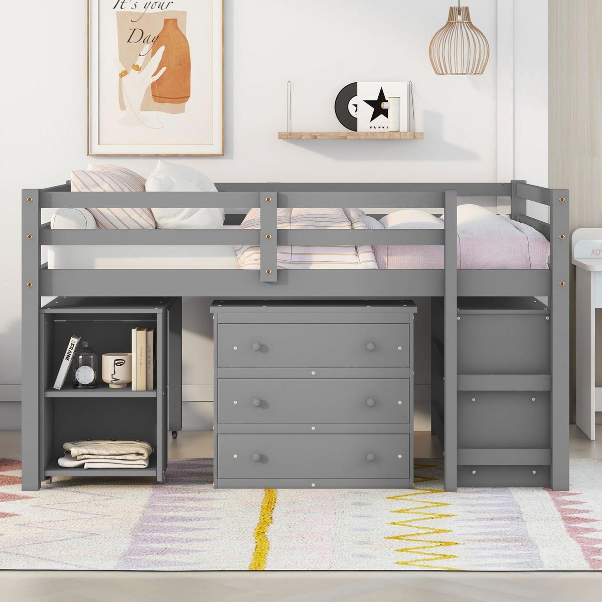 Low Study Full Loft Bed with Cabinet, Shelves and Rolling Portable Desk, Multiple Functions Bed- Gray