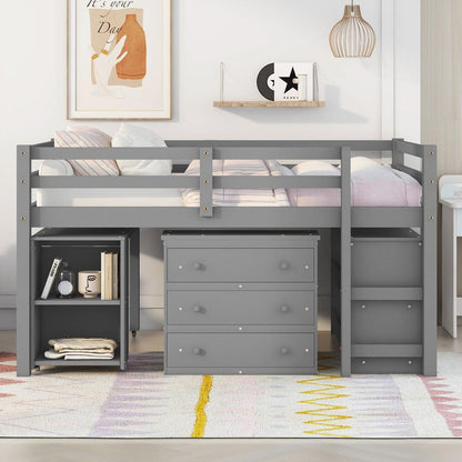 Low Study Full Loft Bed with Cabinet, Shelves and Rolling Portable Desk, Multiple Functions Bed- Gray