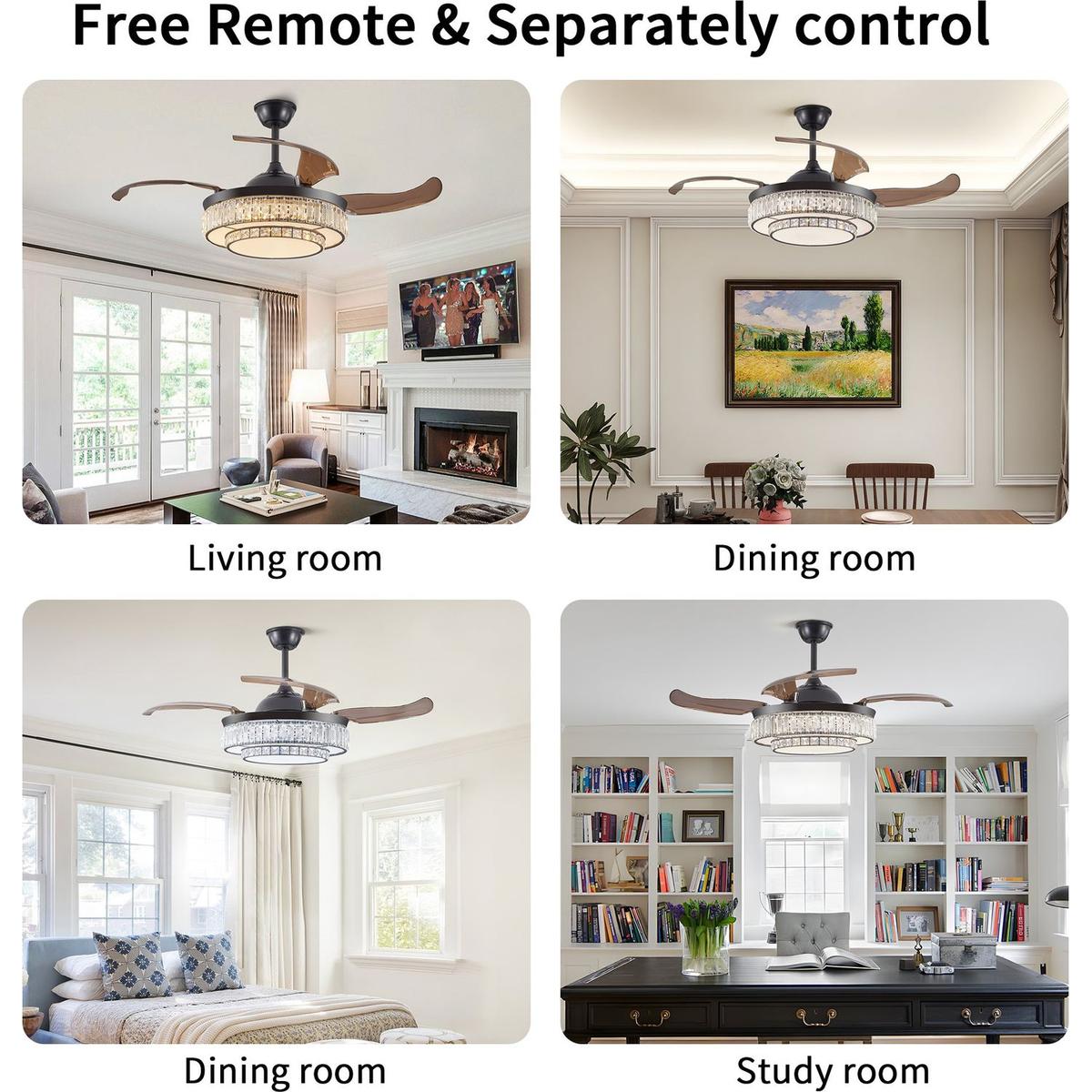 Contemporary LED Retractable Ceiling Fan with Light and Remote Control, Quiet Reversible Motor,4 Blades Modern Ceiling Fans for Kitchen Bedroom Dining Room Patio