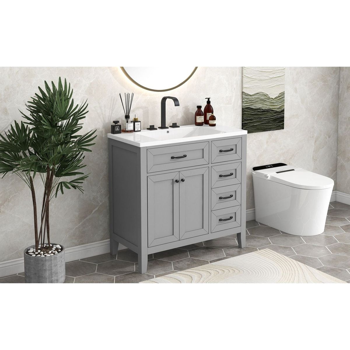 36" Bathroom Vanity with Sink Combo, Bathroom Cabinet with Drawers, Solid Frame and MDF Board, Grey