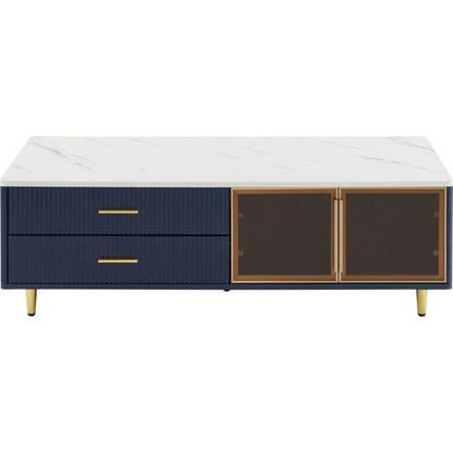 Modern Navy Blue Coffee Table with 2 Glass Door Storage, 4 Drawers, Gold Metal Legs, and Multi-Color Lighting in 47.2"