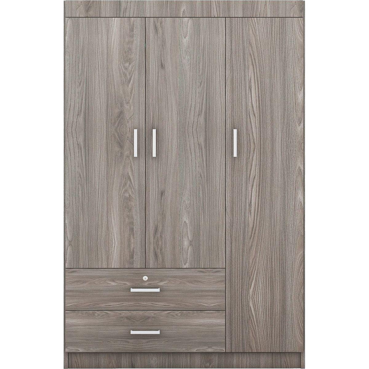 3-Door Wardrobe with 2 Drawers, Wood Grain Effect in Gray