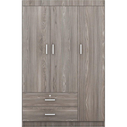 3-Door Wardrobe with 2 Drawers, Wood Grain Effect in Gray