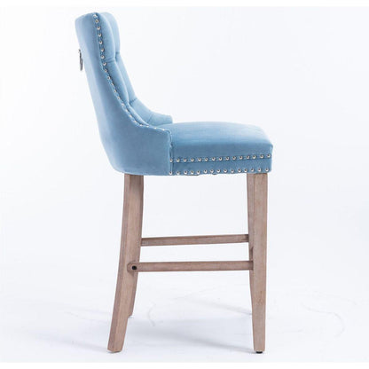 Contemporary Velvet Upholstered Barstools with Button Tufted Decoration and Wooden Legs, and Chrome Nailhead Trim, Leisure Style Bar Chairs,Bar stools, Set of 2 (Light Blue)