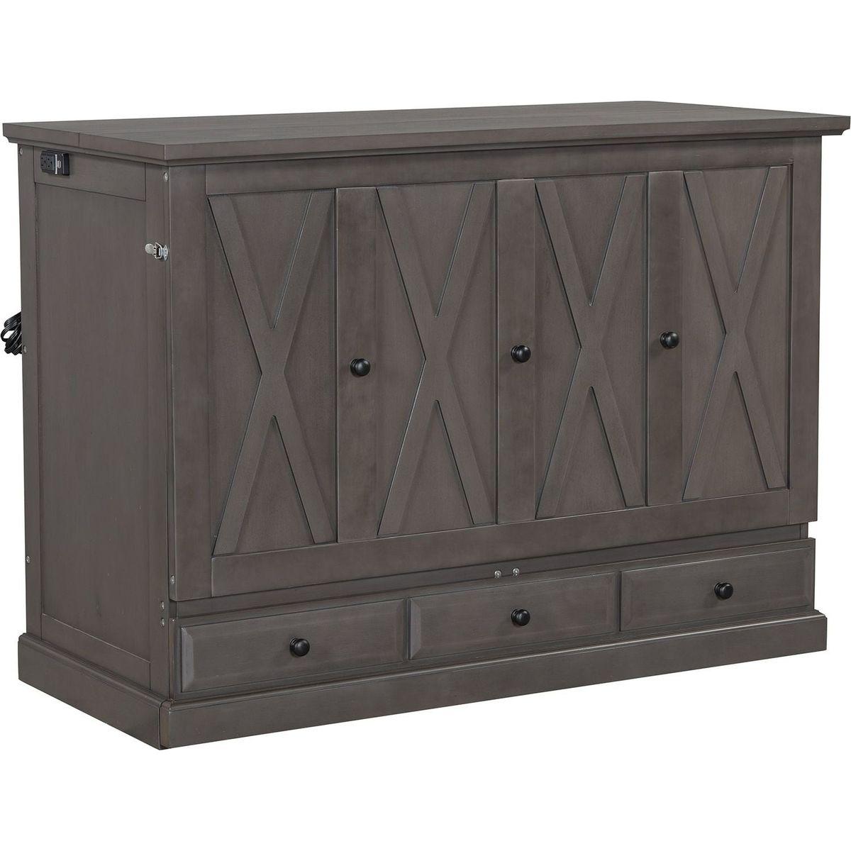 Solid Pine Murphy Bed Chest Cube Cabinet Bed with Charging Station and Large Storage Drawer for Home Office or Small Room,Full,Gray