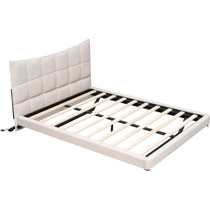 Full Size Upholstered Platform Bed with LED Lights,USB Ports and Outlets,Linen Fabric,Beige