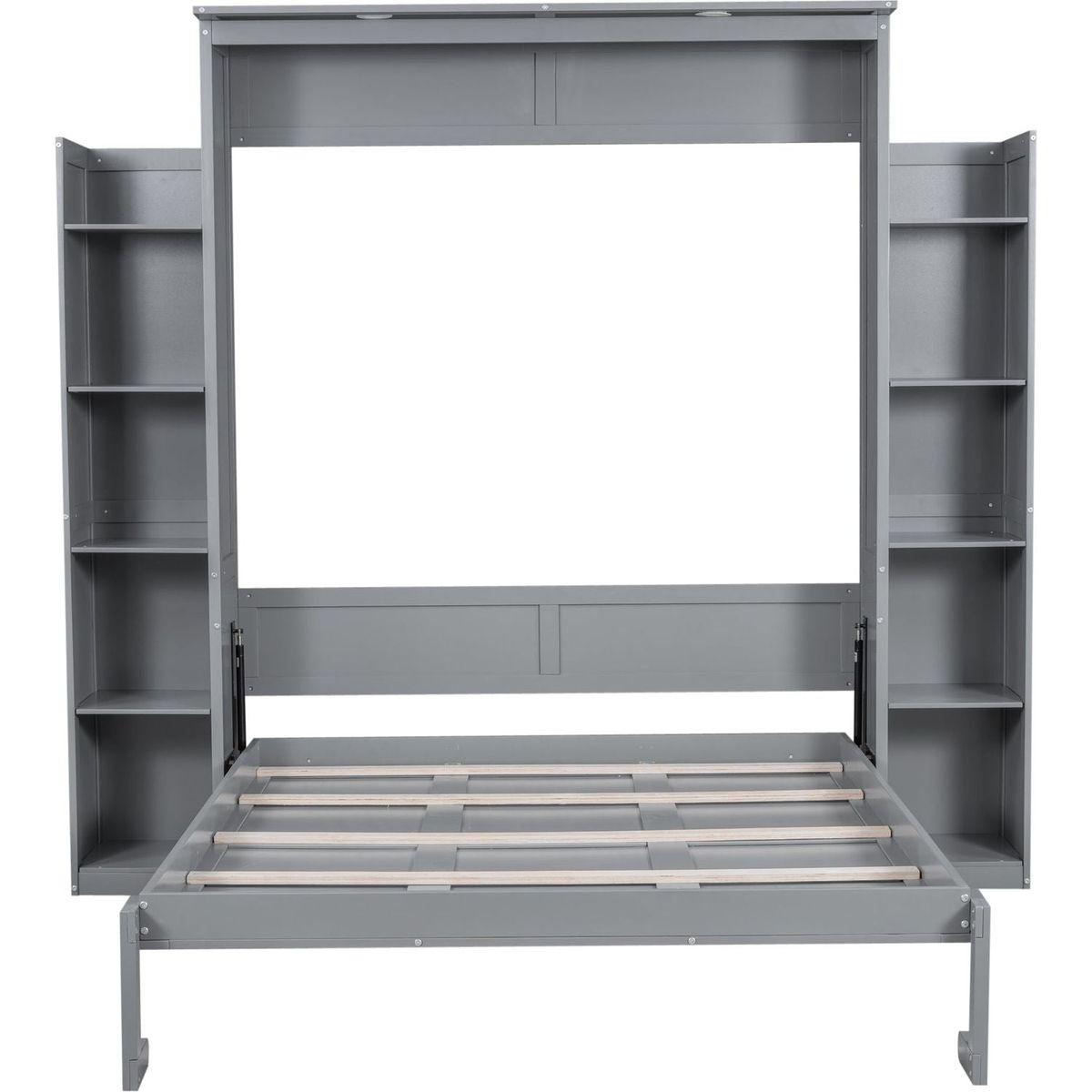 Queen Size Murphy Bed Wall Bed with Shelves and LED Lights,Gray