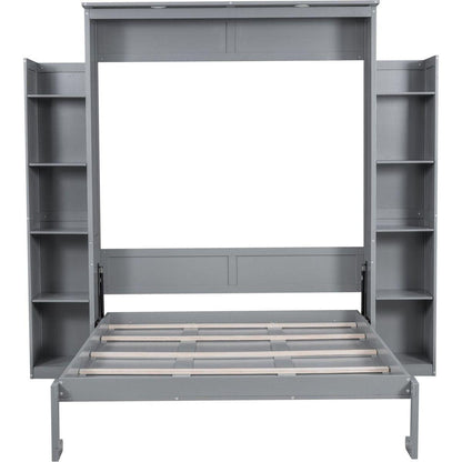 Queen Size Murphy Bed Wall Bed with Shelves and LED Lights,Gray