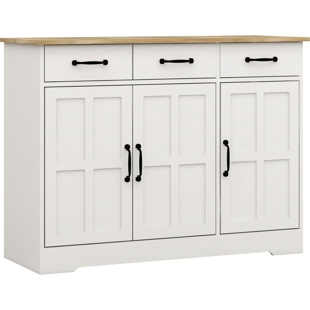 Farmhouse Buffet Cabinet Storage Sideboard with 3 Drawers and 3 Doors for Dining Living Room Kitchen Cupboard-White