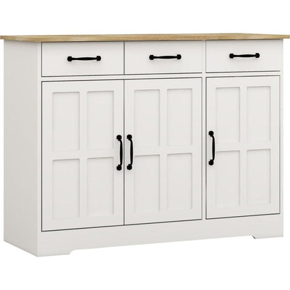 Farmhouse Buffet Cabinet Storage Sideboard with 3 Drawers and 3 Doors for Dining Living Room Kitchen Cupboard-White