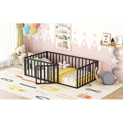 Twin Size Metal Floor Bed Frame with Fence and Door, Black