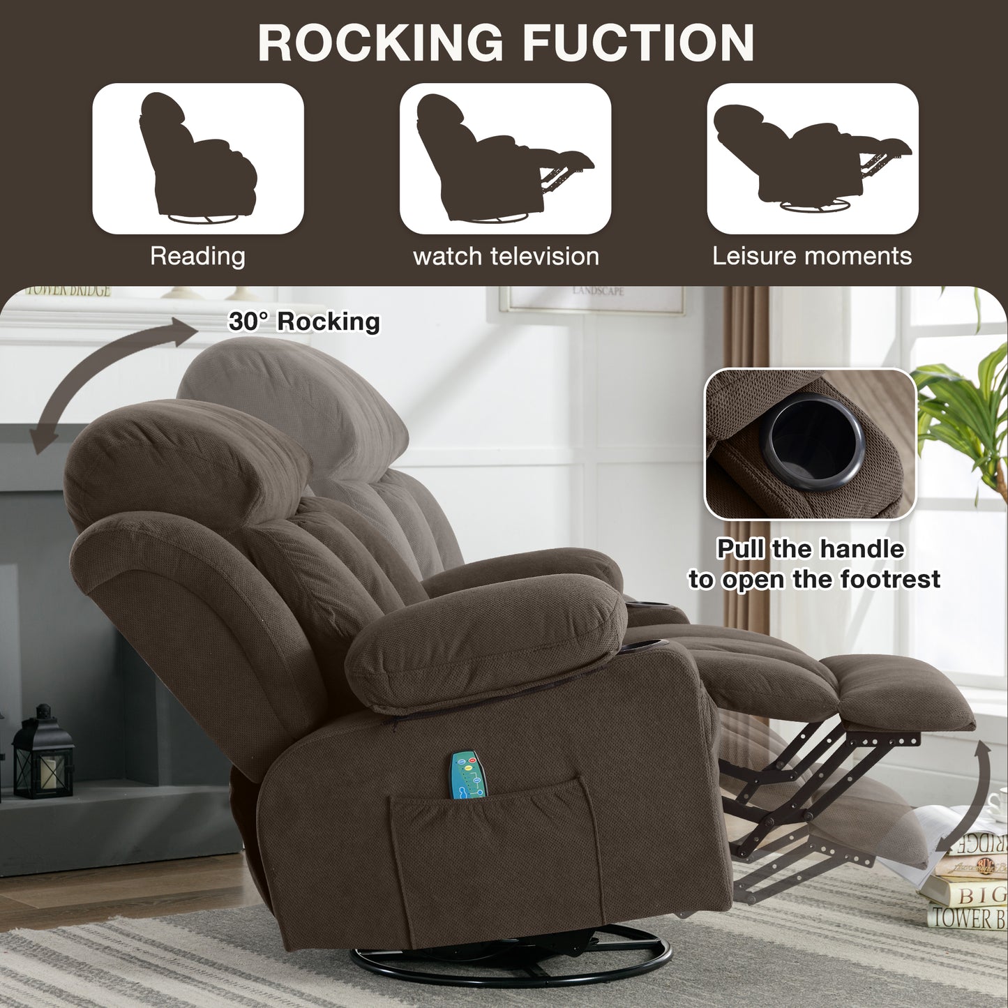 Swinging recliner massage heated sofa, with USB and 2 cup holders in side pockets, PackageA+B (Brown)